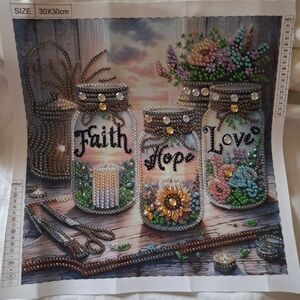 Faith Completed Diamond Art  Hope Love Mason Jars  Cured & Sealed  Painting New